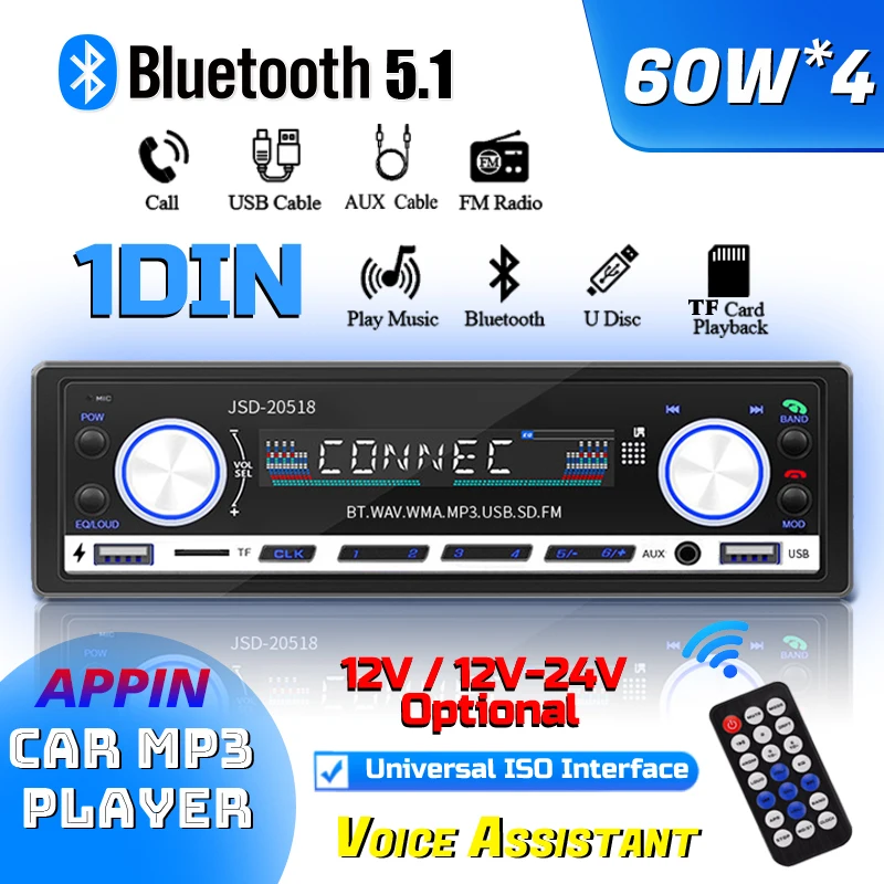 Car Mp3 Bluetooth Radio Dual USB Socket With Fast Charging Function Truck 24v Fm Wireless Card Reader 12v High Fidelity