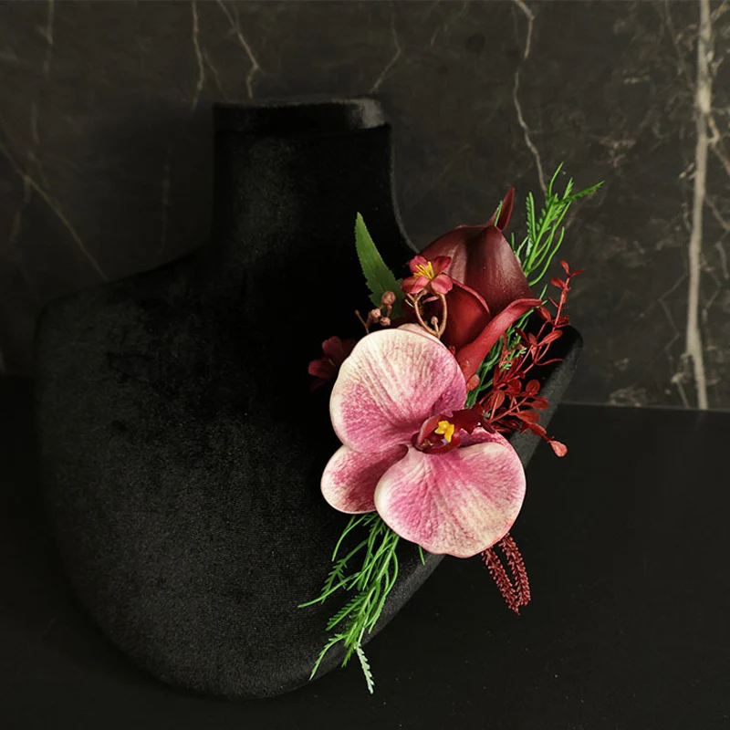 25021 Rose red Bohemian Flower Corsage & Wristlet Set - Perfect for Brides, Groomsmen, and Wedding Decorations