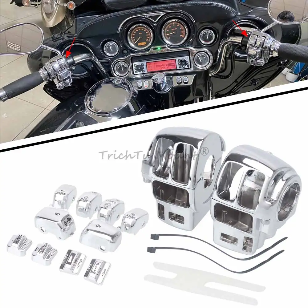 1 Set Motorcycle Handle Controls Switch Housing Button Cover Caps For Harley Road Glide Electra Glide Ultra Classic 96-13 Chrome