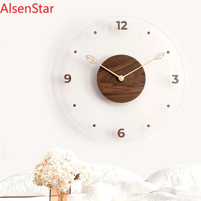 40cm Solid Wood Wall Clock Simple Creative Acrylic Glass Transparent Wall Hanging Clock Watch Home Living Room Decorative Clock