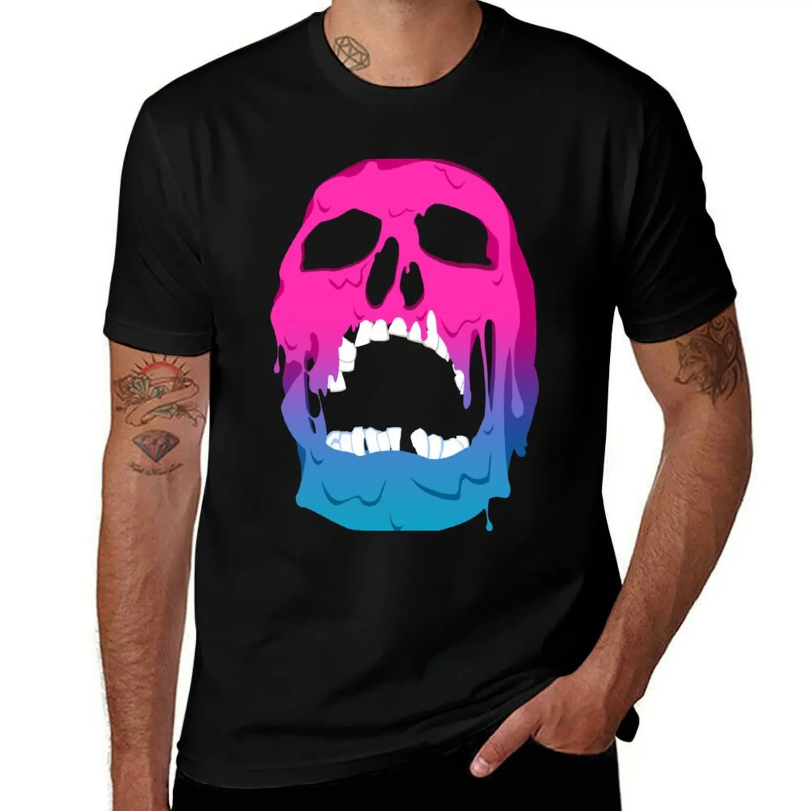 Melting Neon Skull T-Shirt Fashion Print Casual Short Sleeve