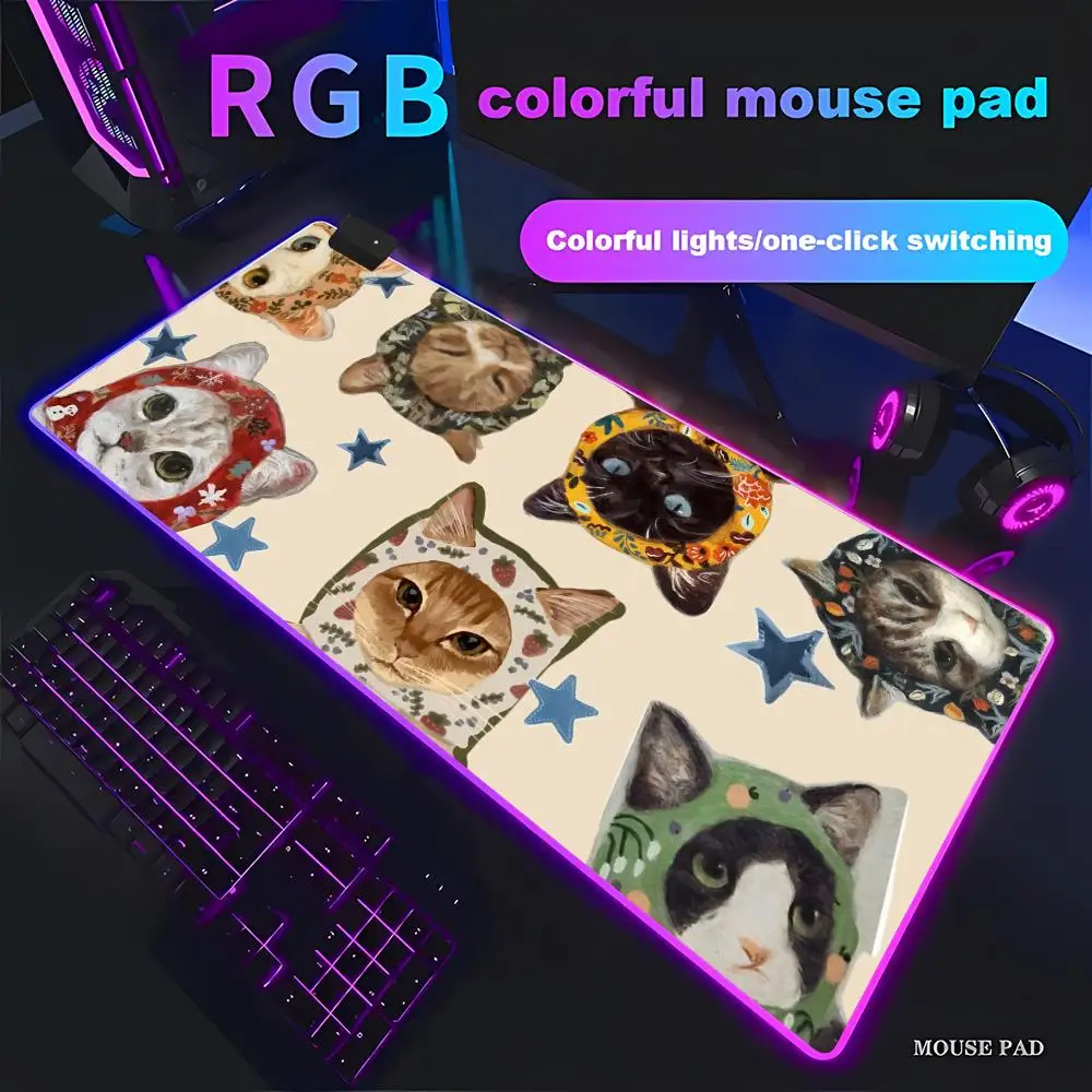 HYBXAXC Cats in Headscarves Aesthetic  Mouse Pad Animation Games Beautiful RGB HD Large LED Light PC Computer pad Non-slip Decor