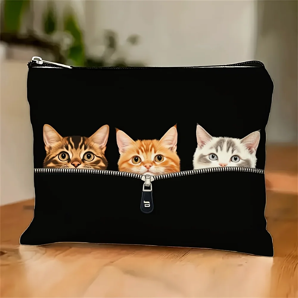 A Cute Cat Print Makeup Bag- Multifunctional Zipper Pouch, Jewelry Storage Bag, Perfect Travel Zipper Small Storage Bag.