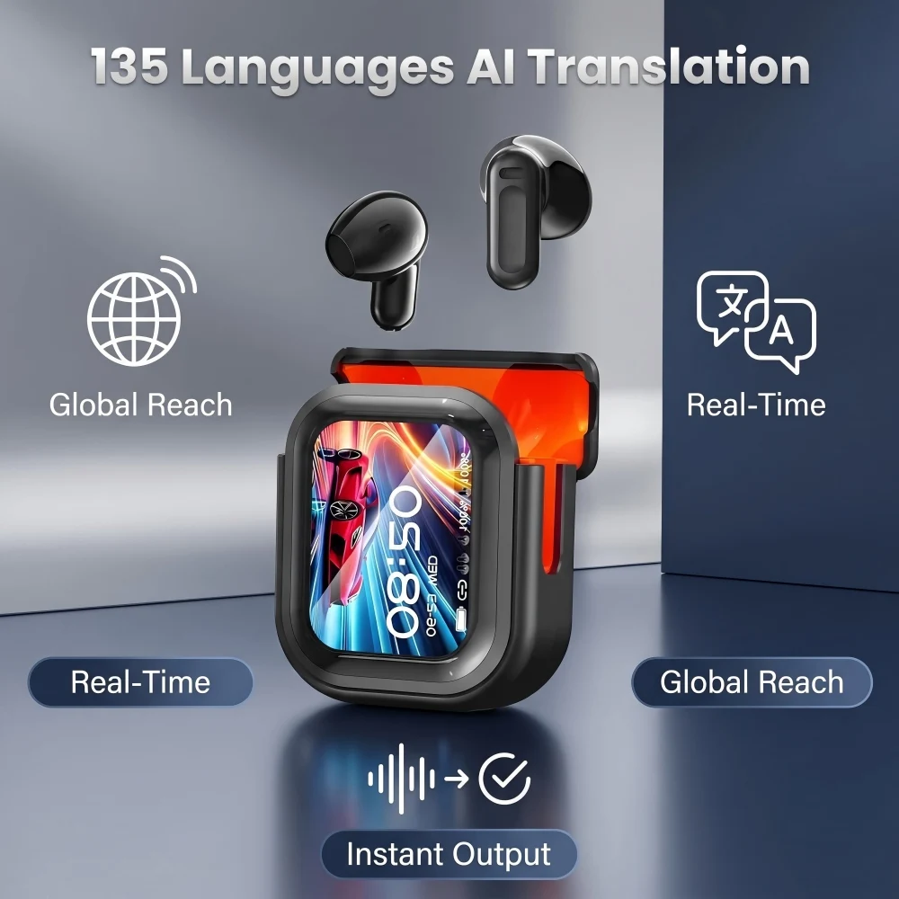AI Translation Earbuds 135 Languages Real Time Translator Headphones Smart LCD Touch Screen Two-Way Bluetooth 5.4 for Travel