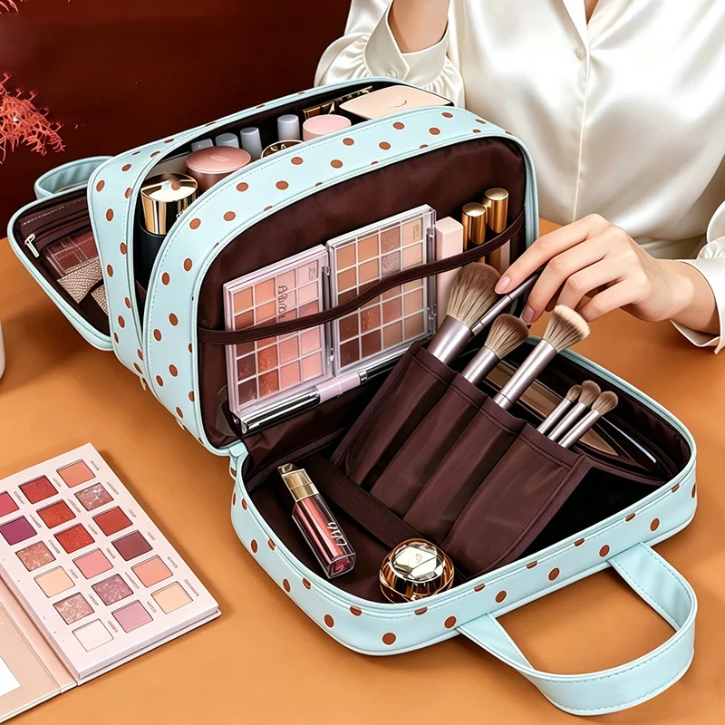 Polka Dot Handheld Makeup Bag Multifunctional Three Layer PU Leather Cosmetic Bag Large Capaci Waterproof Travel Storage Bag
