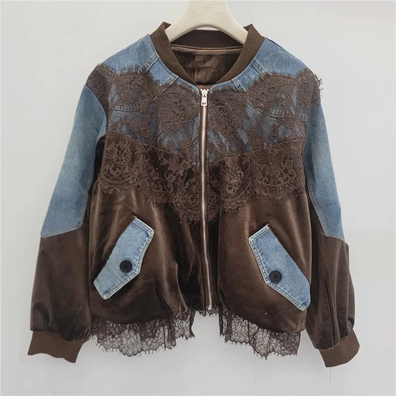 Baseball Collar Zip Up Jacket Denim Velvet Lace Patchwork Pocket Lace Hem Women Vintage Casual Bomber Outerwear 260802