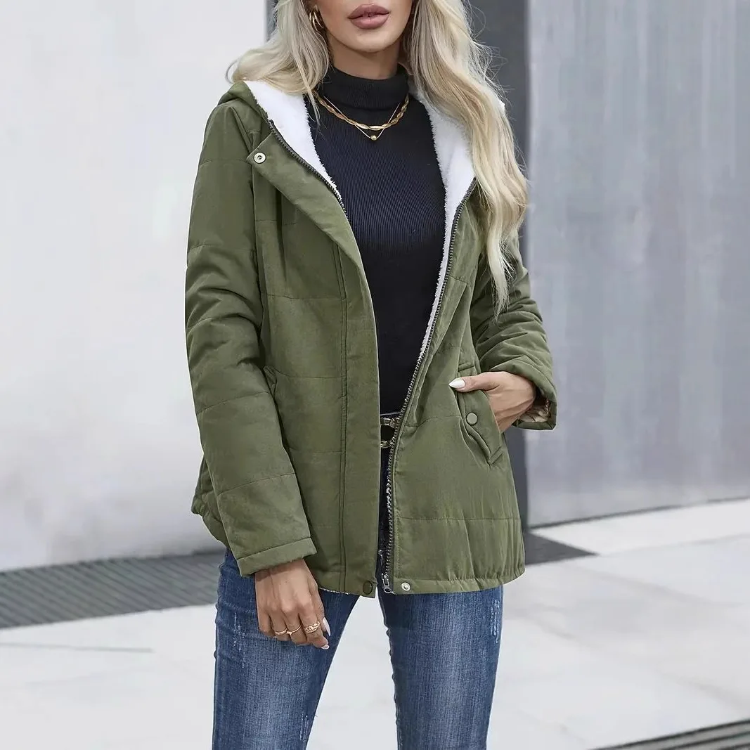 Women Parkas Covered Button Parka Hooded Loose Jacket Outerwear Zipper Cardigan Spliced Solid Pockets Casual Coats Winter