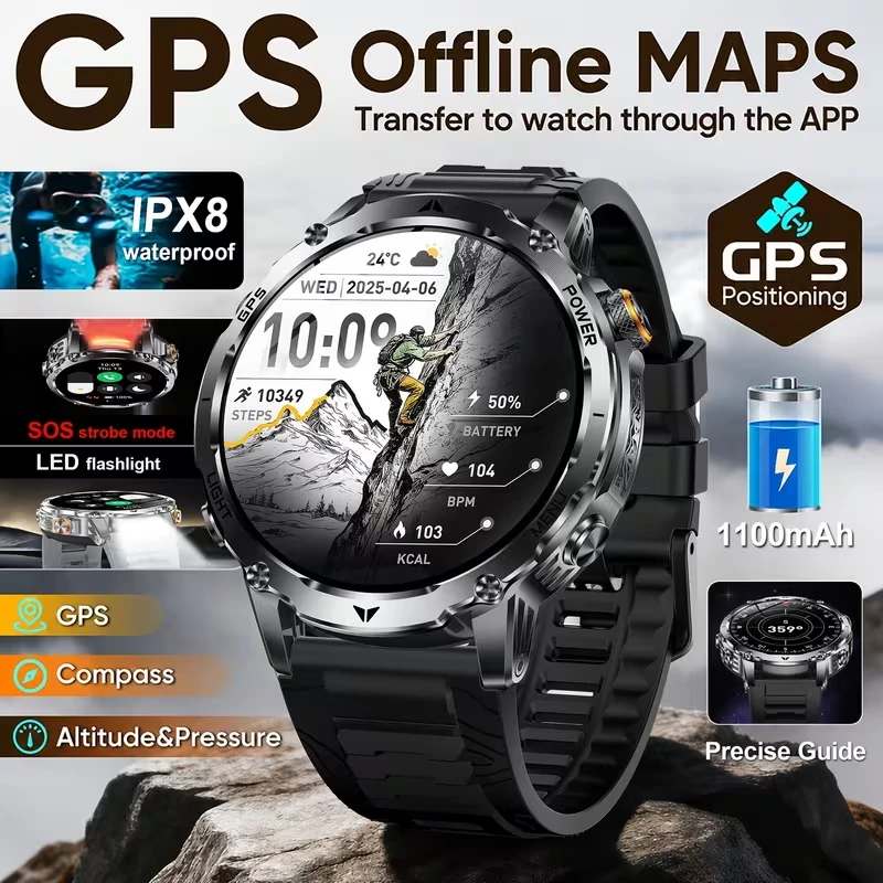 2026 New Outdoor Men's Smart Watch GPS Compass LED Flashlight Health Monitoring BluetoothCall IPX8 Waterproof Sports Smartwatch