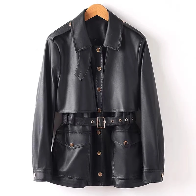New Women Split Leather Motor Biker Jacket Spring Autumn Fashion Turn-down Collar Single Breasted Slim Waist with Belt Coat