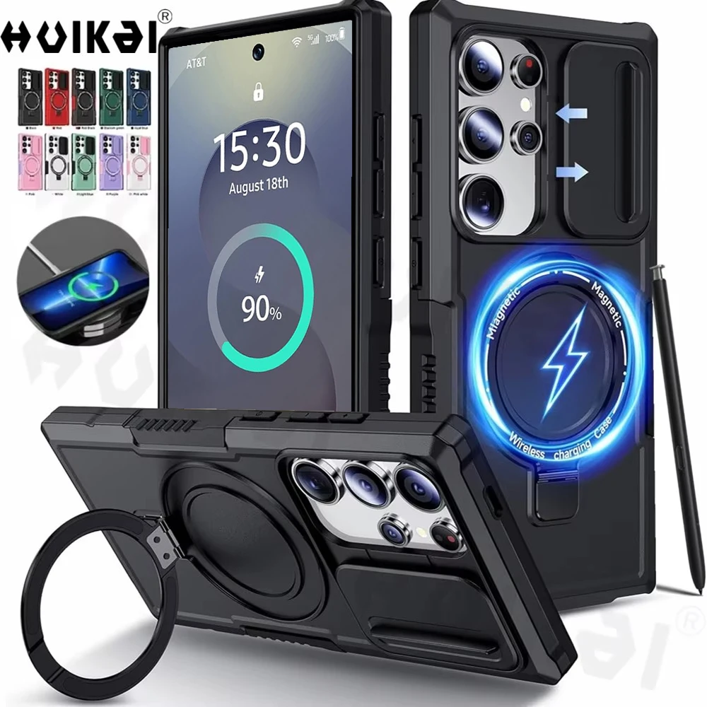 Slide Camera Case For Samsung S25 Ultra S24 S25 Plus Ultra Magnetic Heavy Duty Shock Absorption Body Protective Kickstand Cover