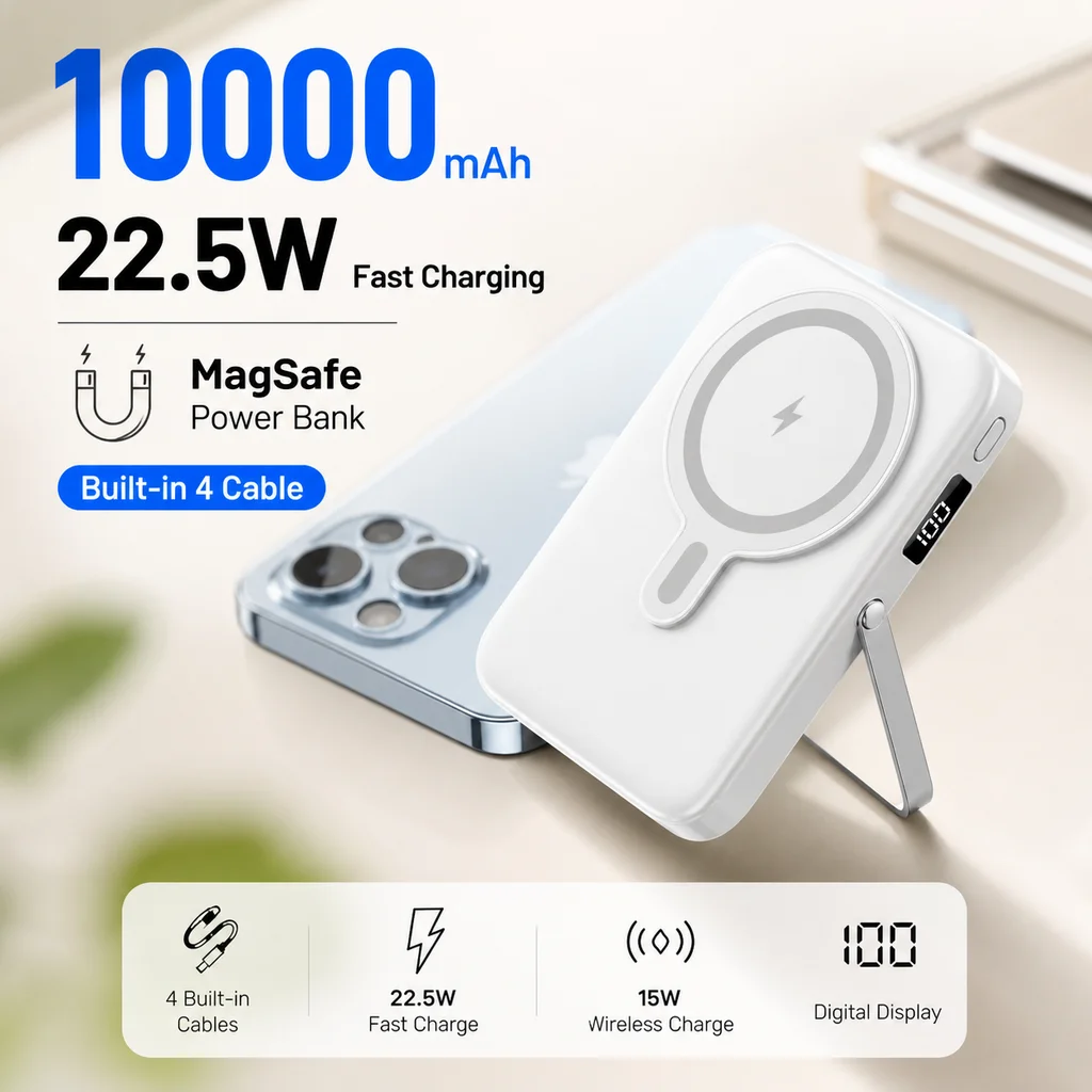 20000mAh Magnetic Wireless Power Bank Portable Charger with Cable Stand Battery Pack for iPhone 16 Xiaomi Samsung