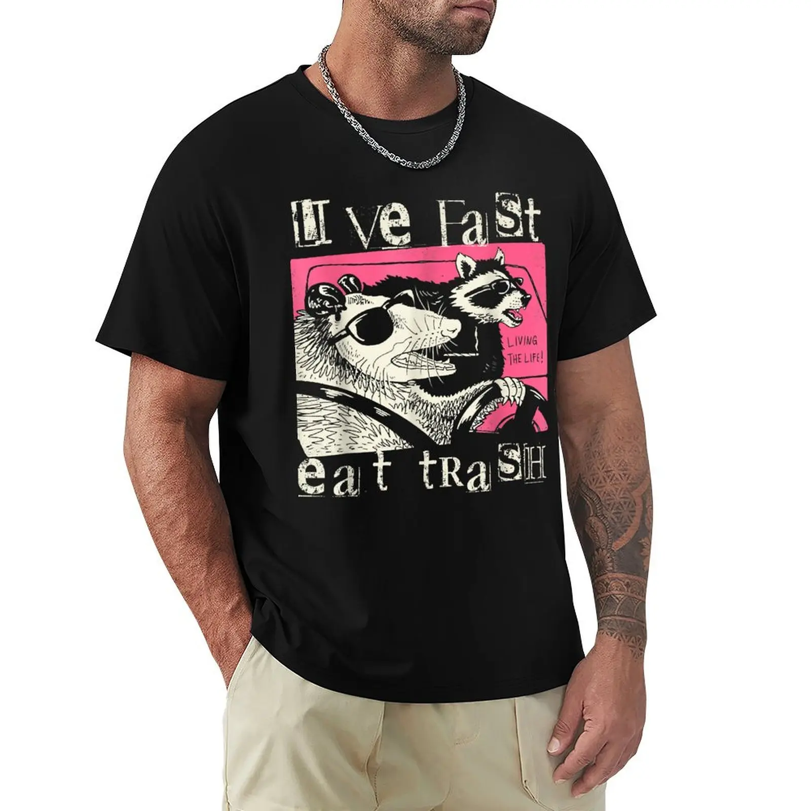 Live Fast Eats Trash Funny Possum Racoon Retro Sunglasses T-Shirt Casual Everyday Short Sleeve T-Shirt