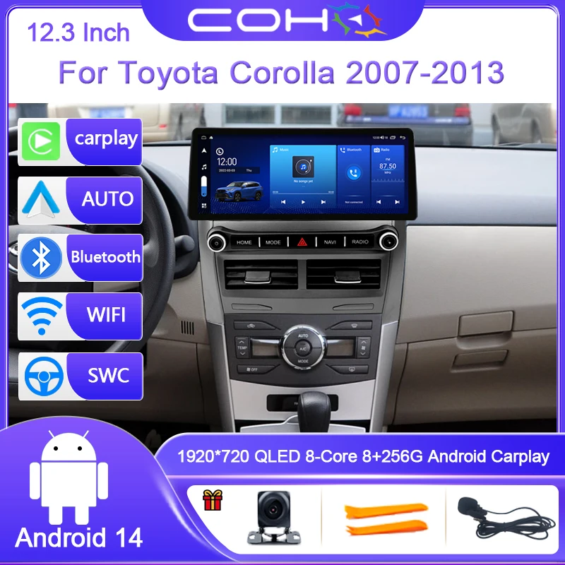 12.3 Inch For Toyota Corolla 2007-2013 Android 14 8-Core 8G+256G Car Multimedia Player Stereo Receiver Radio GPS 4G WIFI QLED