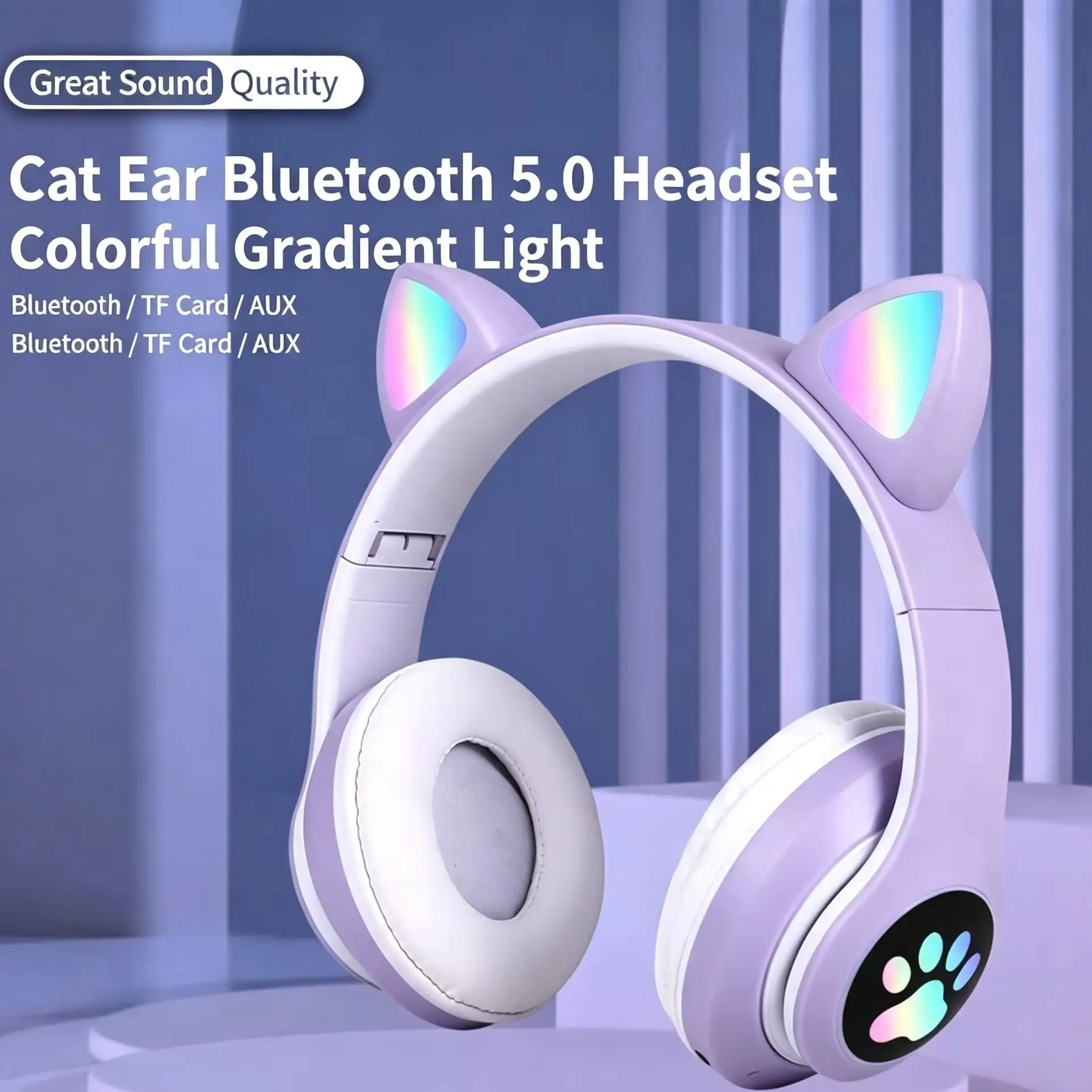 LGOODVIN STN-28 CatEar Over-Ear Bluetooth Headphones, Heavy Bass, Flashing LED Lights, Wireless Sports Headset with TF Card Slot