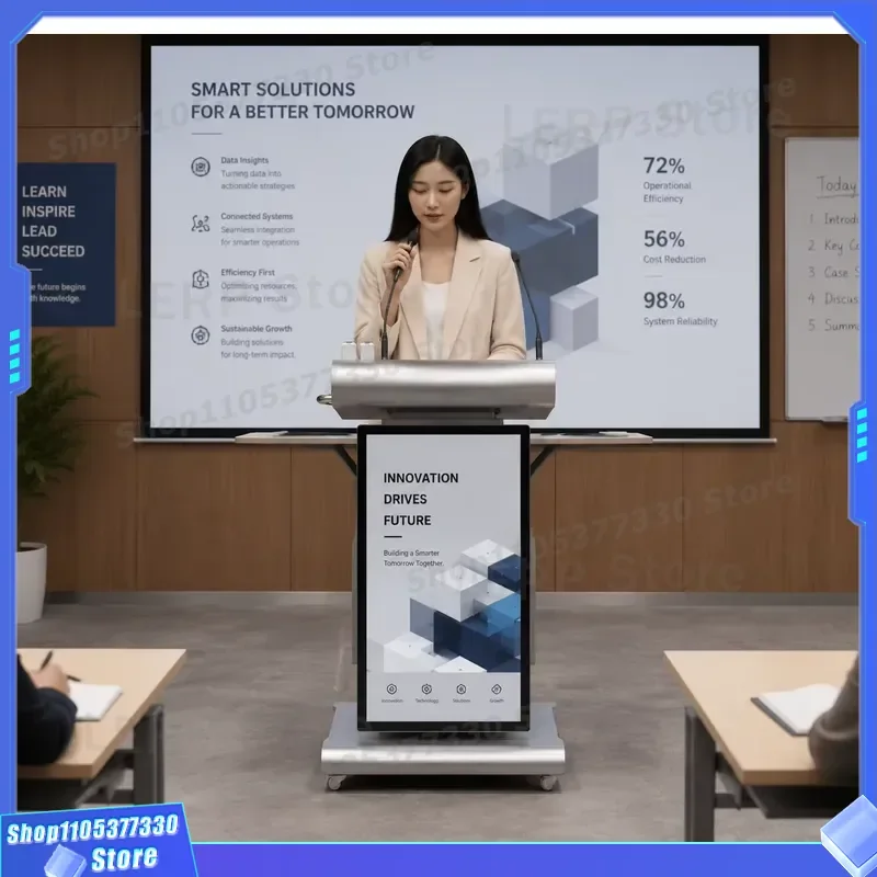 Electric Adjustable Smart Conference Podium with Dual Screen OPS PC and Wireless Gooseneck Microphone System All in One Stand