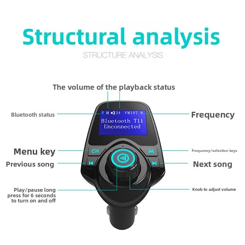 T11 Car MP3 Player FM Transmitter Support TF Card U Disk Dual USB Type C Car Charger Phone Charging Hands Free Wireless Car Kit