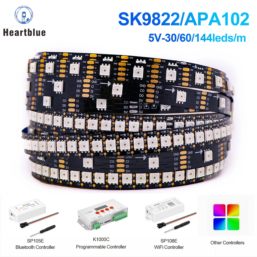 SK9822 RGB LED Strip Similar APA102 DC5V Individually Addressable Separate Data Clock 30/60/144LEDs/M Waterproof LED Light Strip