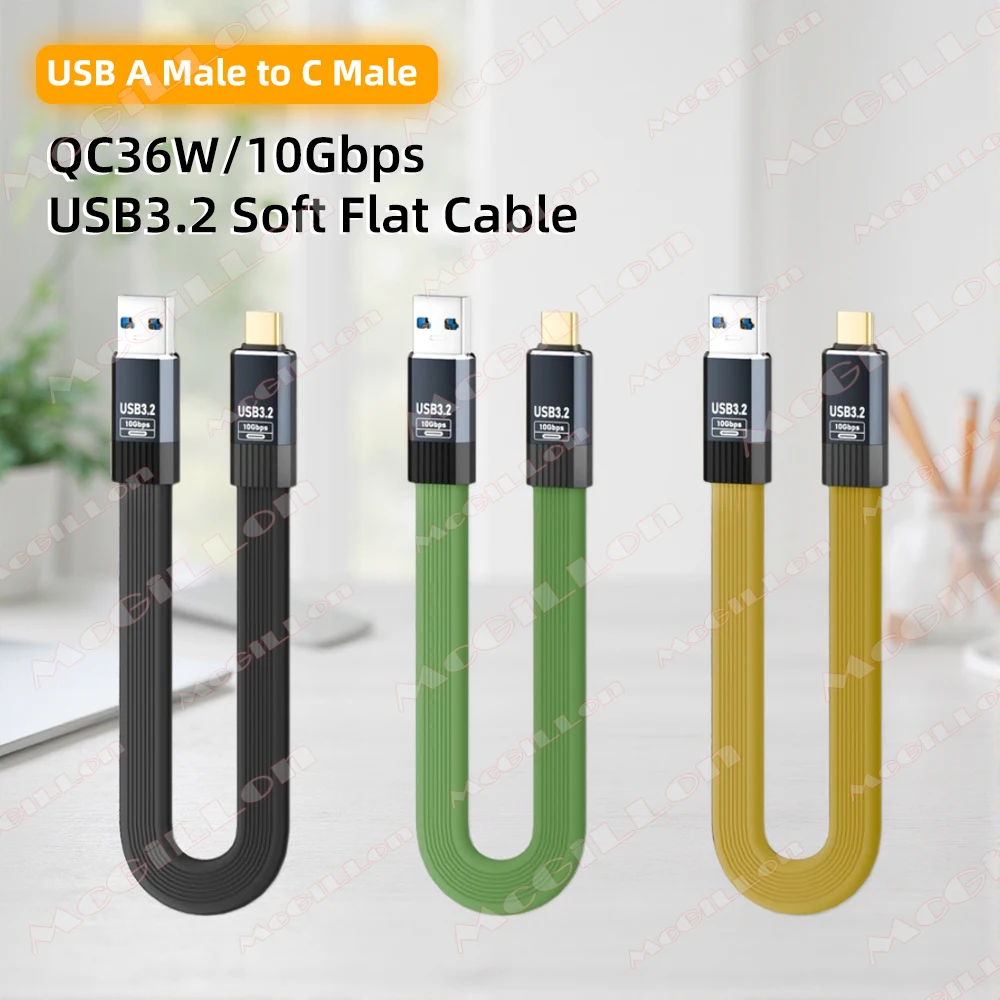 USB3.2 10Gbps USB A to Type C Cable 3A 36W QC3.0 Fast Charging for Samsung NVMe Hard Disk External Android Data Soft Flat Cable