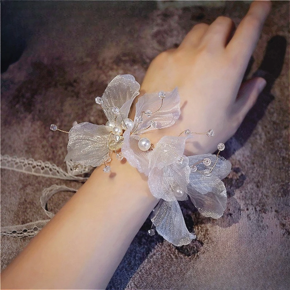 Elegance Bridal Wrist Corsage Boutonniere for Groom Wedding Couple Wedding Accessories Tulle Flower with Pearl Marriage Party