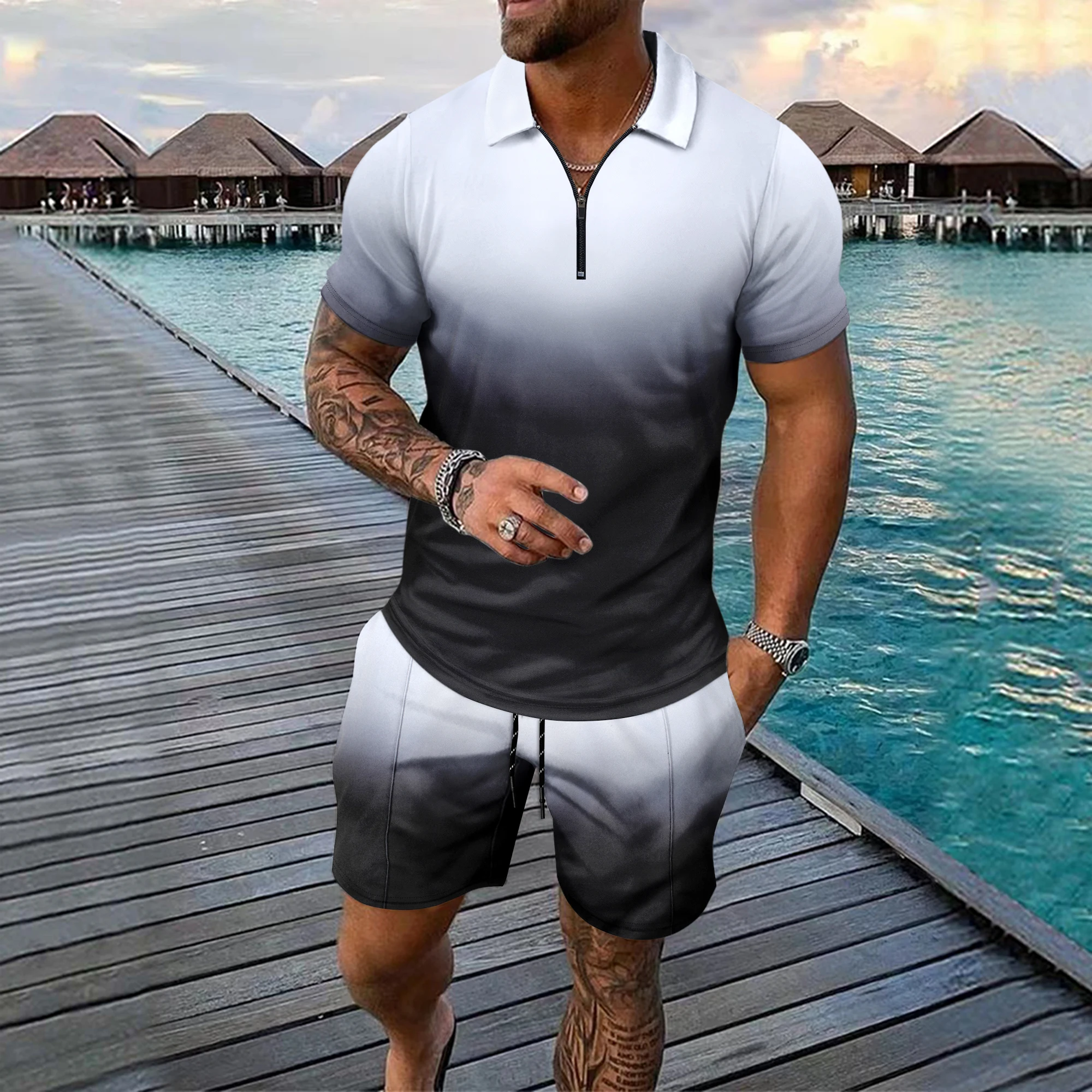 Funny 3D Tie-dye Print Men's Short Sleeve Sets Fashion Zip Polo Top +Shorts Outfit Summer Loose T-shirt Suit Casual Men Clothing