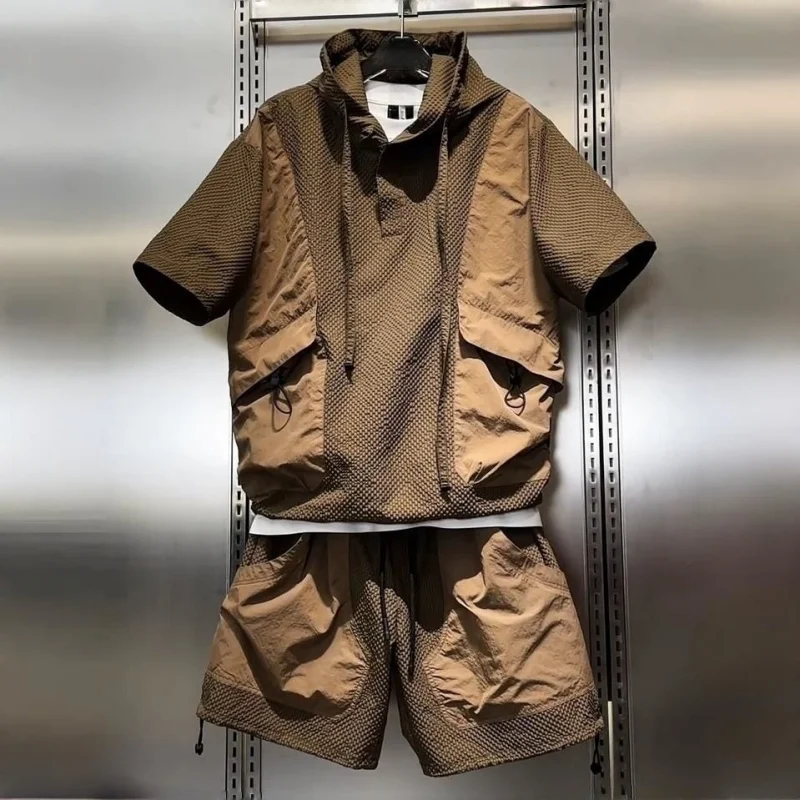 2026 Men's 2 Piece Tracksuit Summer Hooded Short Sleeve T-Shirt & Cargo Shorts Quick Dry Breathable Textured Sportswear