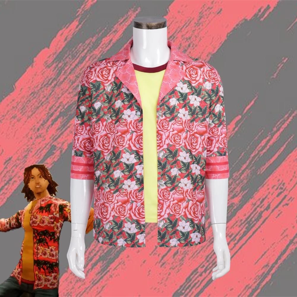 Mouthwashing Daisuke Cosplay Costume Set  Men's Hawaiian Rose Flower Print Shirt & Yellow T-Shirt, Game Role Play Costume