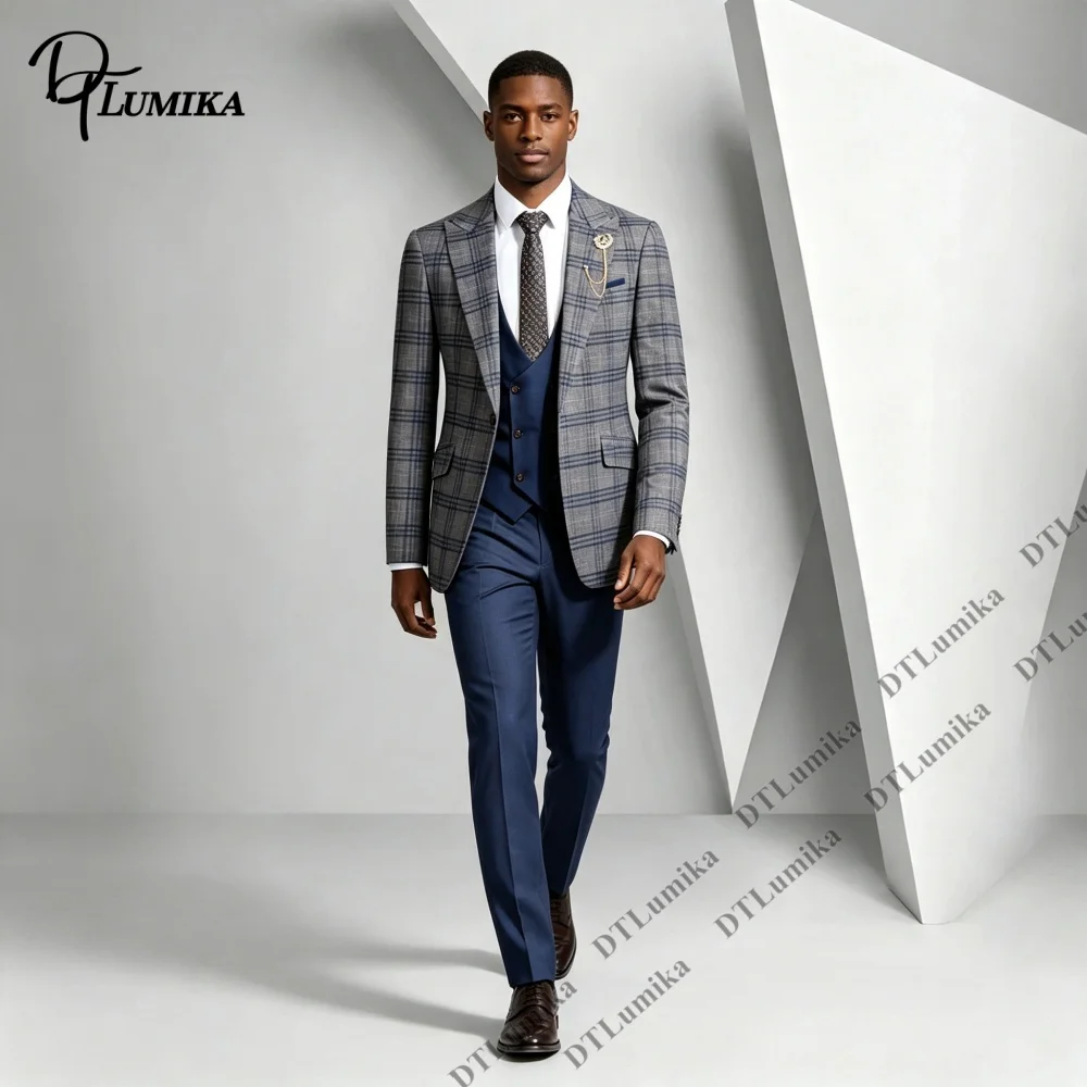 Formal Business Suit Interview Office Smart Suit Party Tuxedo High Grade Woven Plaid Suit for Men Three Piece Jacket Vest Pants