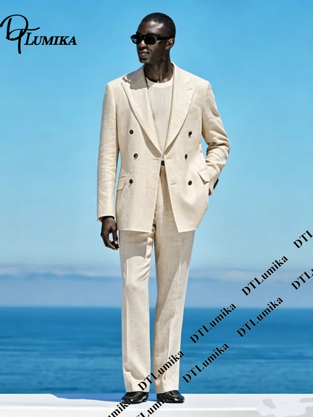 DTLumika Beach Summer Suit Set Including Linen Jacket and Pants Casual Smart Double Breasted Jacket Trousers Holiday Party Suits