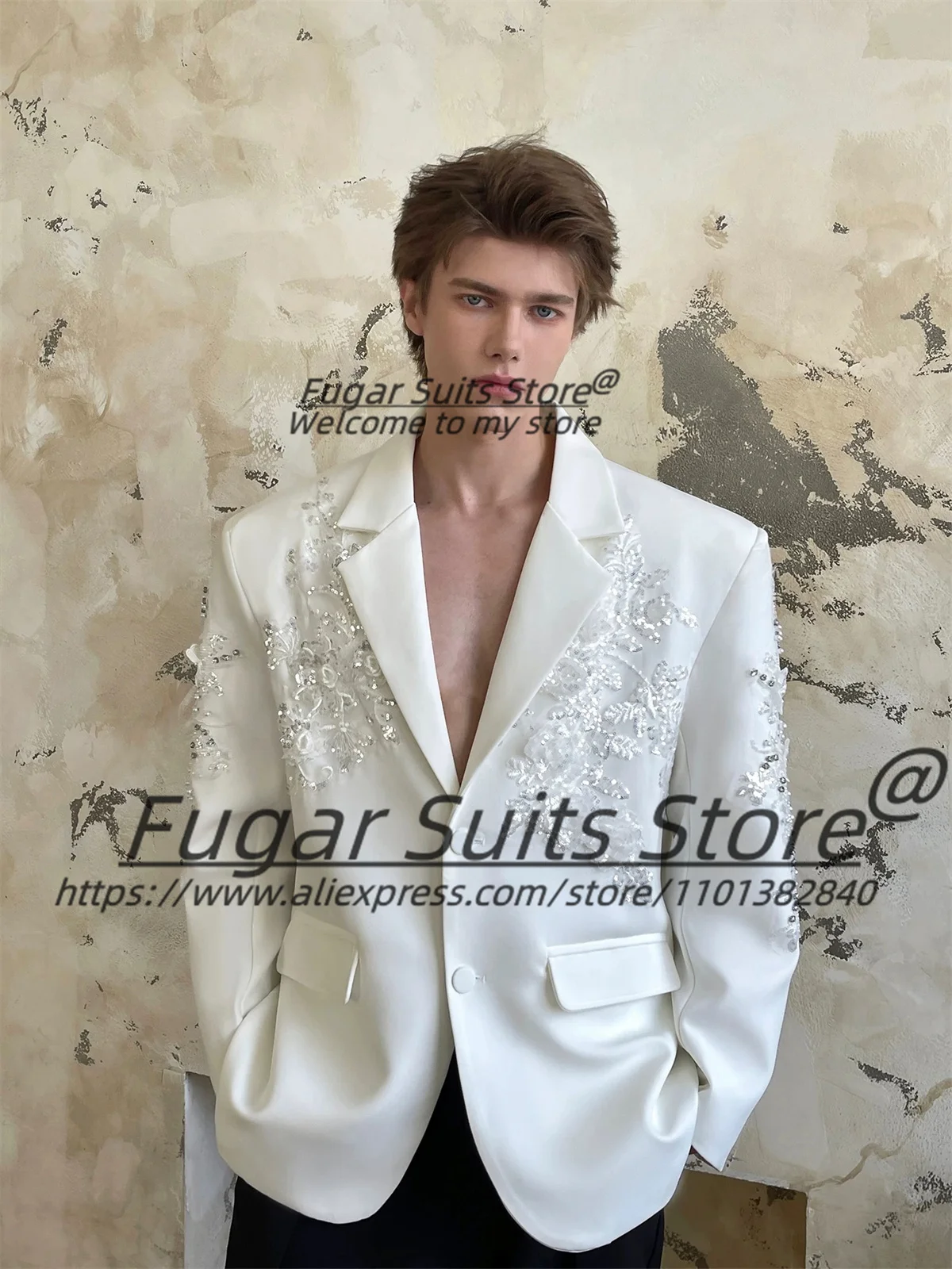 Handsome Shiny Rhinestone Embroidery Fashion Men Suits Customized Slim Notched Lapel 2 Pcs Jacket+Black Pants Party Ropa Hombre