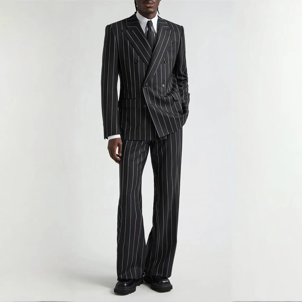 Allingentle Black Stripes Men Pantsuit 2 Piece Set Regular Fit Double-Breasted Blazer Mens Suit Office Wedding Outfit Customize