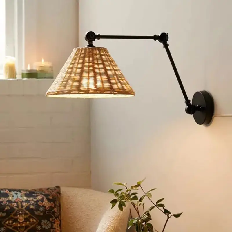 Japanese Style Foldable Metal Rattan Long Arm Wall Light Warm LED Ambient Living Room Bedroom Bedside Home Decor Novelty New