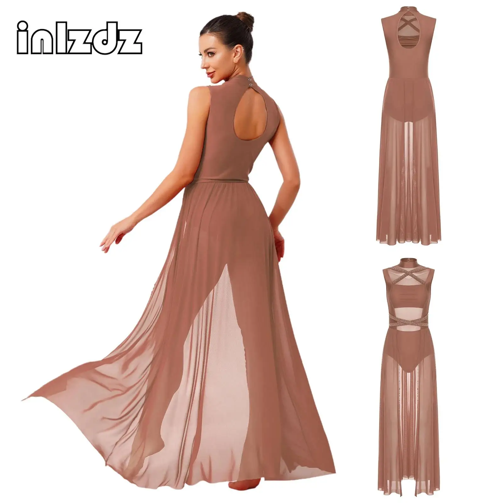 Modern Lyrical Dance Dress for Womens Solid Color Turtleneck Sleeveless Backless Skirted Leotard Stage Performance Dancewear