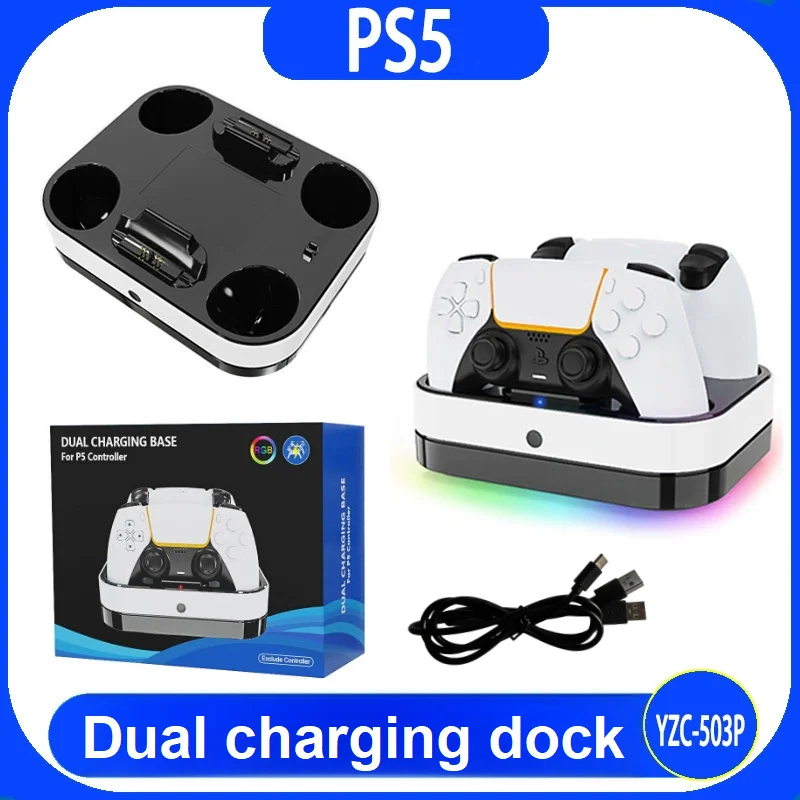 PS5 Game Controller Dual Charging Base, RGB Color Light Contact Charger Stand for PS5 Wireless Game Pad
