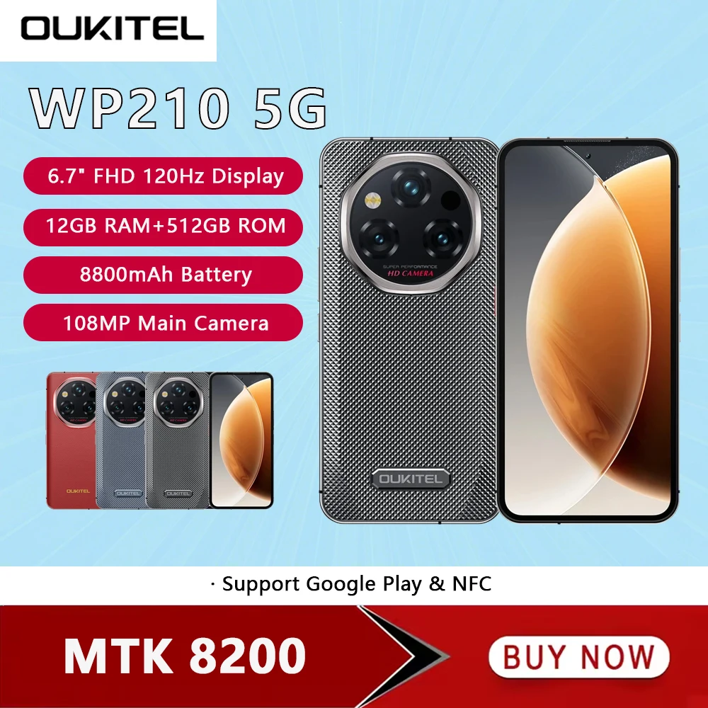OUKITEL WP210 5G Rugged  Phone MTK 8200 6.7 Inch FHD+ 12GB RAM 512GB ROM Mobile Phone 8800mAh 108MP Android15 45W Cellphone NFC