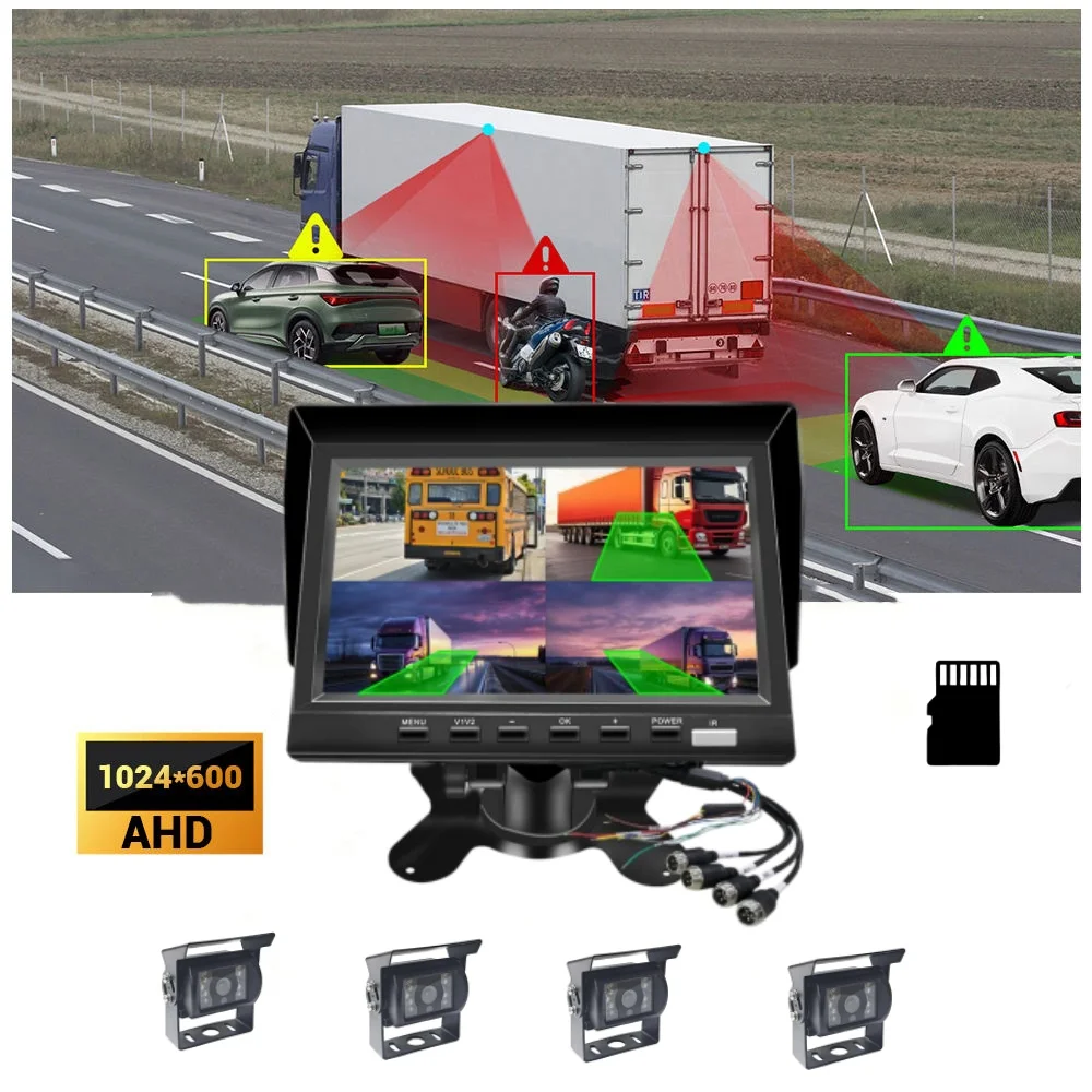 7-inch Truck/car Four-way Split IPS Car Camera DVR Display Camera System 1080P/720P NTSC/PAL Adjustable IPS Display