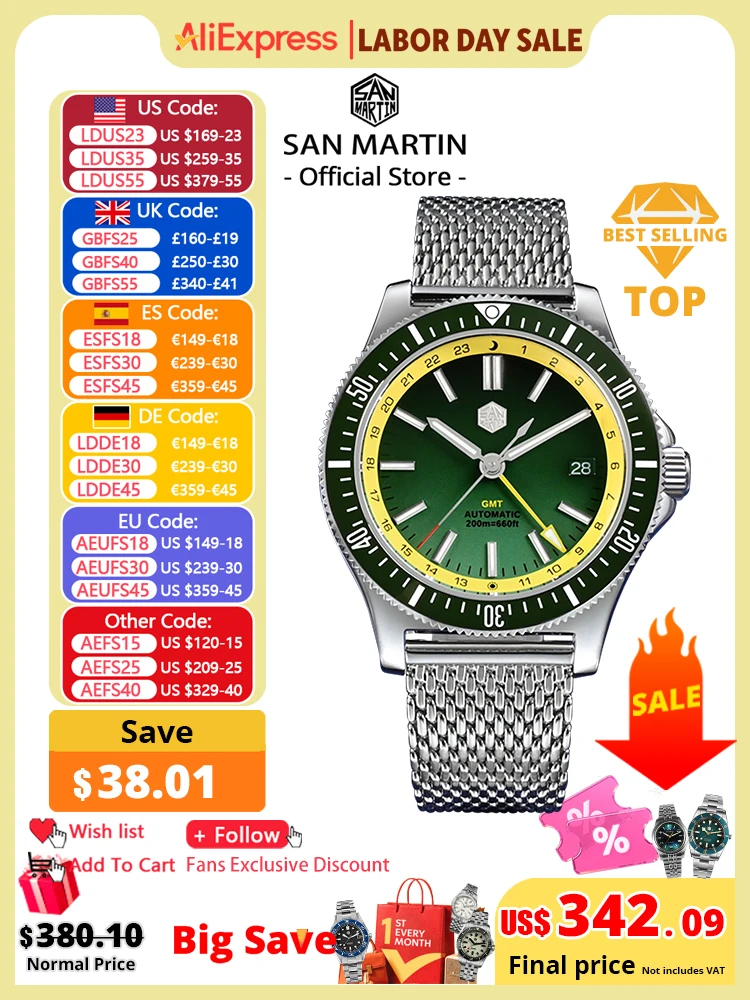 San Martin Original Design 41mm GMT Dive Watch NH34 Automatic Mechanical Quick Release Bracelet Waterproof 200m Luminous SN0119