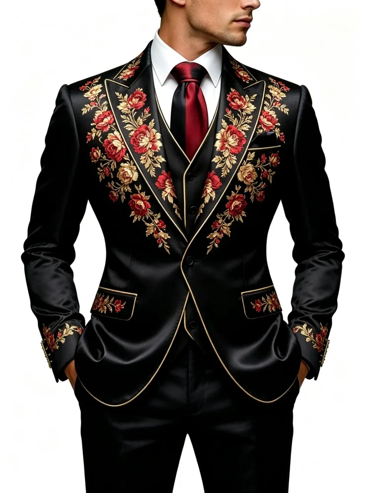 Mens Luxury Glossy Satin Rose Printed Peak Lapel Suit Jacket Slim Fit Single Button Evening Groom Tuxedo