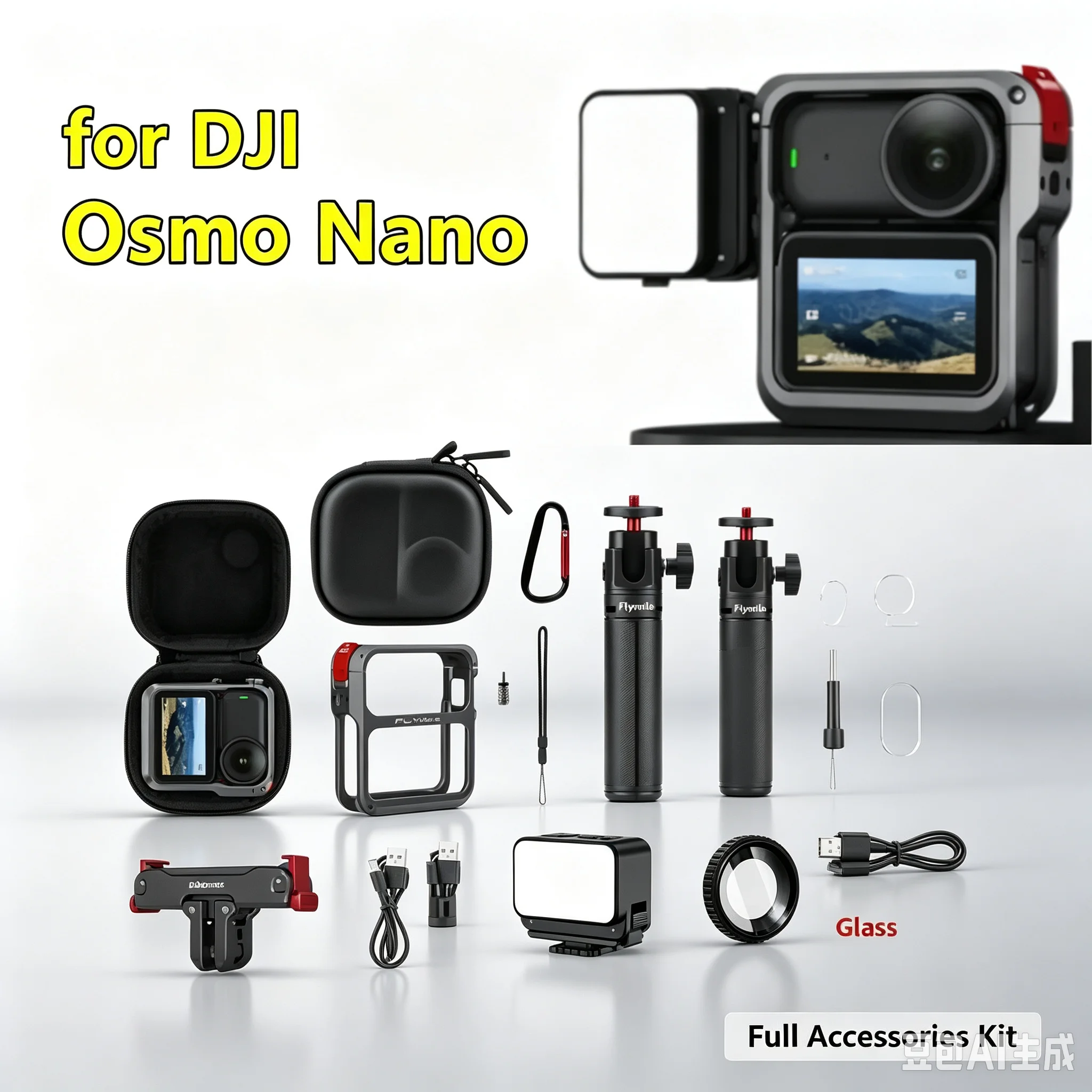 Flymile for DJI Osmo Nano Camera Accessories Rabbit cage bag Magnetic headband Fill light Plastic tripod Car suction cup