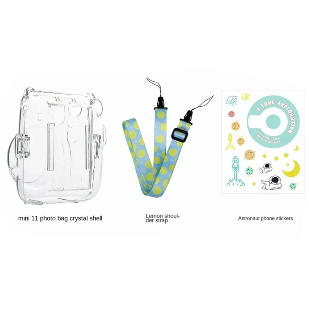 For Instax Mini11 Photo Bag Transparent Storage Case Crystal Case Strap Sticker Three Piece Set