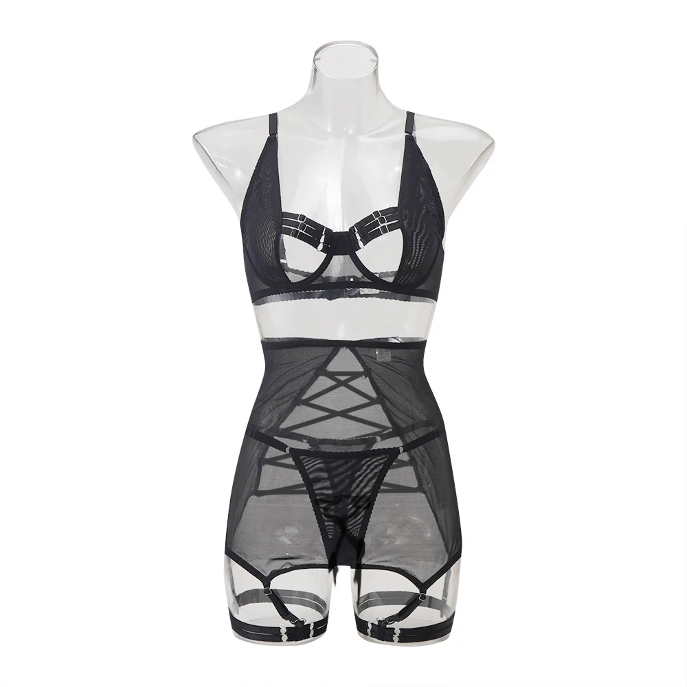 5-Piece Sheer Mesh Lingerie Sets for Women Lace Up Hollow Out Transparent Bodysuit Garter Panties Sexy Underwear