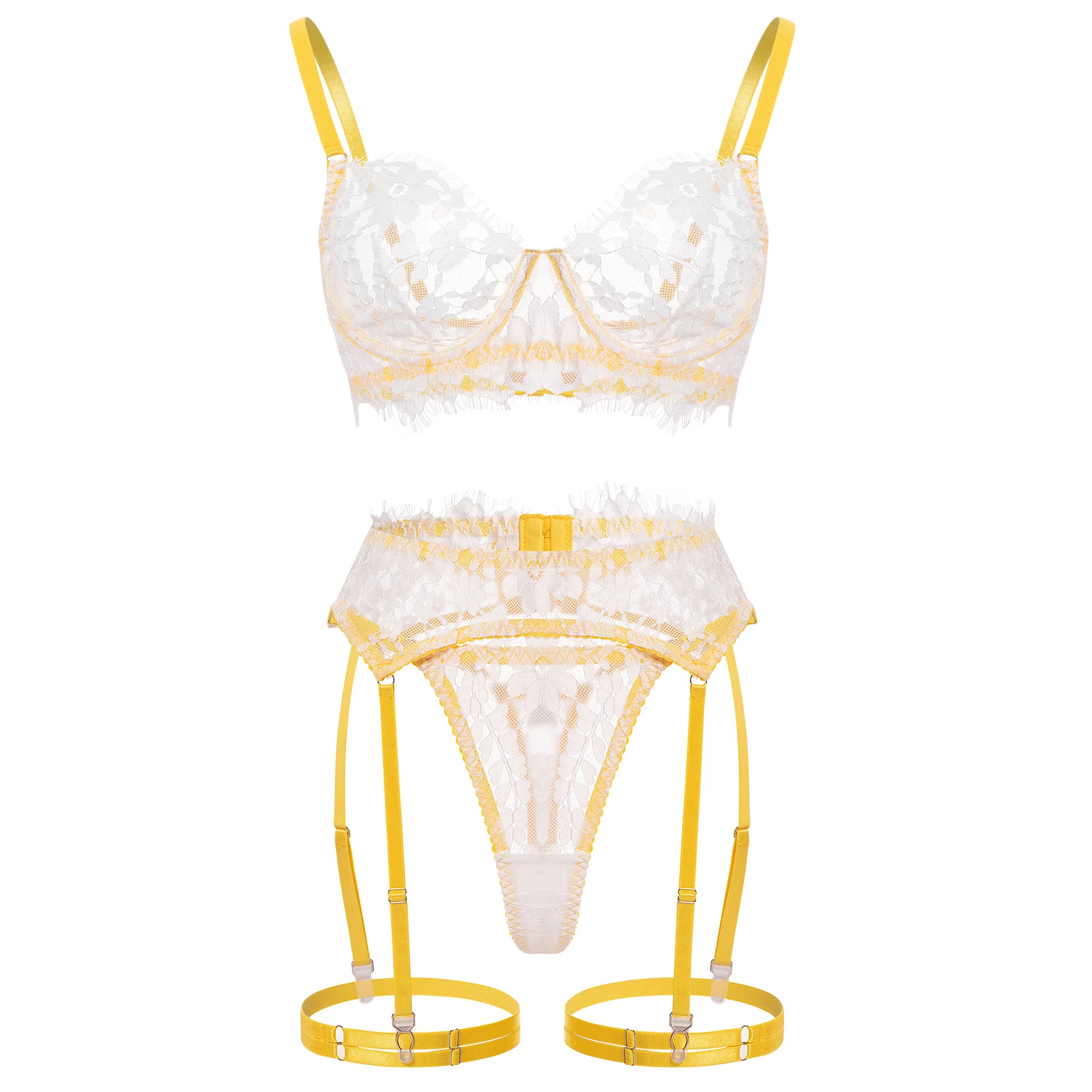 Brskbzda 4-Piece Floral Lace Bra Set Women Transparent Panty Underwear Set Yellow Sexy Lingerie Set Underwire New