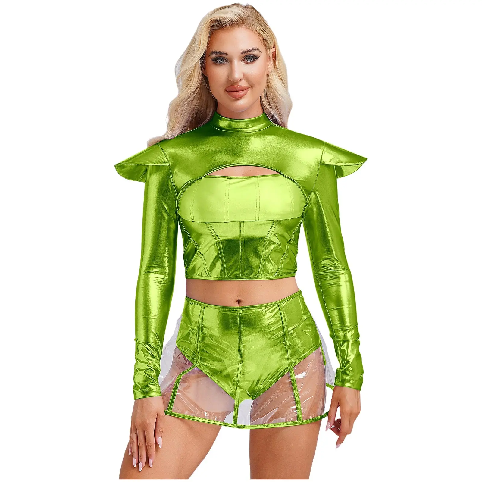 Two Pieces Women Halloween Alien Outer Space Role Play Costume Long Sleeve Cropper Top with Transparent Skirt for Carnival Party