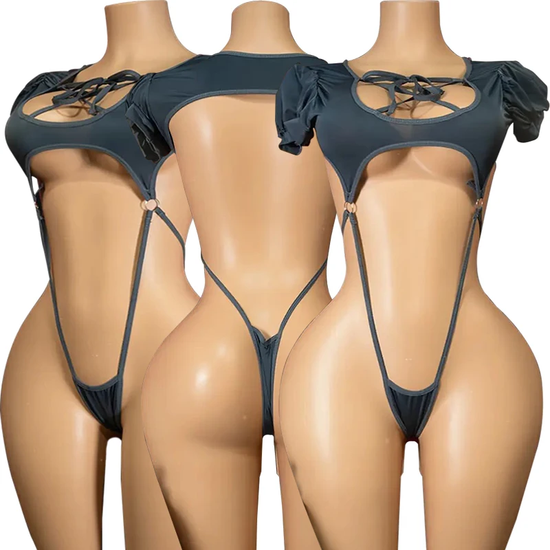 New Porn Underwear Women Puff Sleeve Teddies Cross Straps Bra With Brief Sets Sexy Costumes Open Body Suits Erotic Lingerie Set