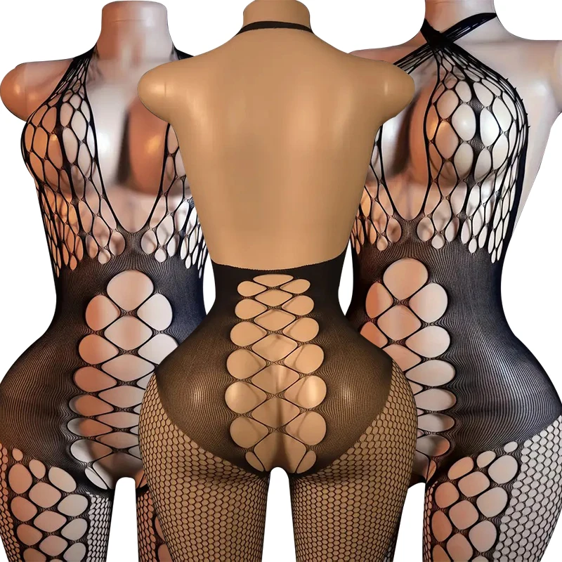 Hot Sexy Lingerie Woman Fishnet Dress Erotic Jumpsuit Costume Exotic Set Transparent Bodystocking Mesh Deep V Clothes one-pieces