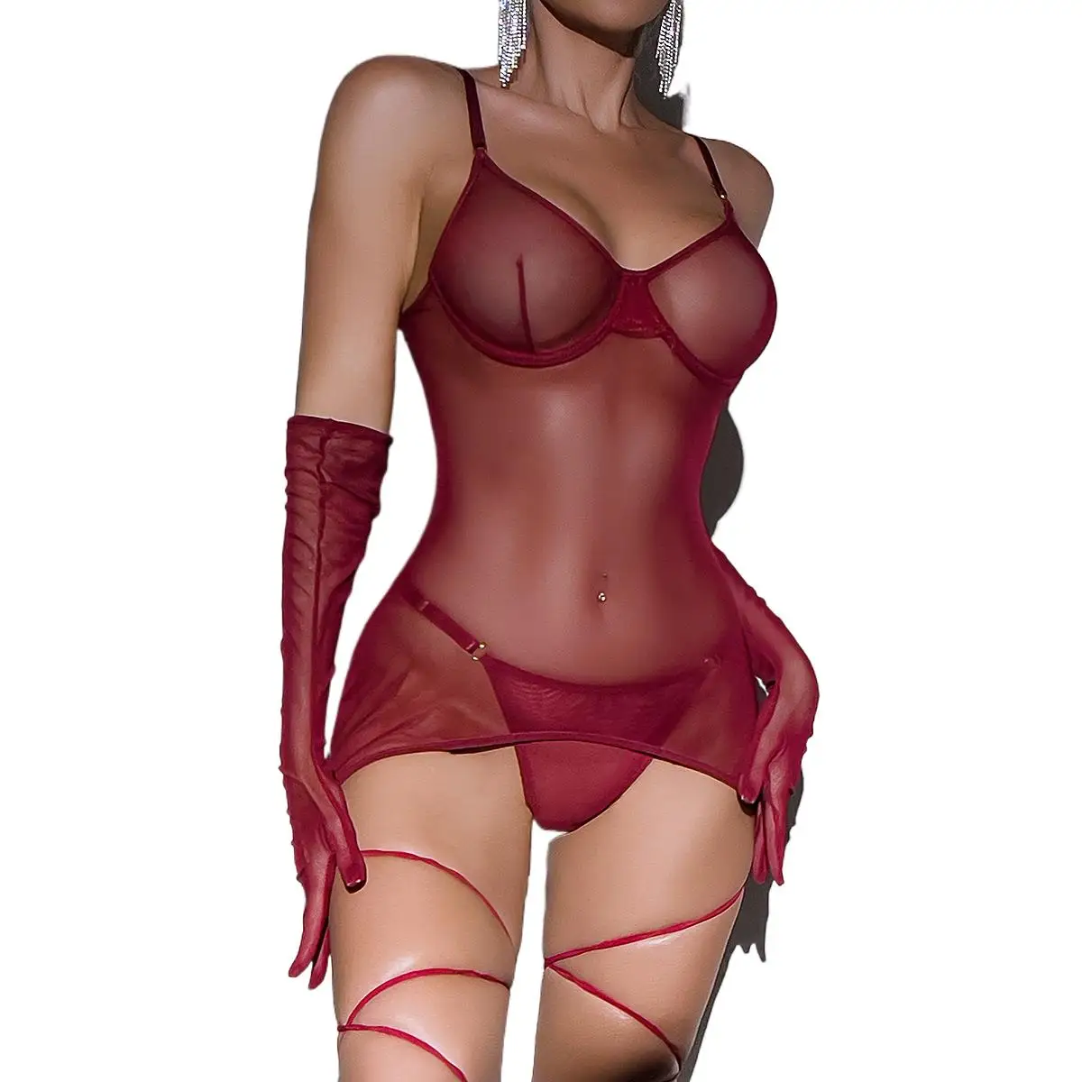 Sheer Bodysuit Gloves Leg Straps Backless Sexy Lingerie Three Piece Set Transparent Mesh Body Suit Long Gloves Erotic Costumes
