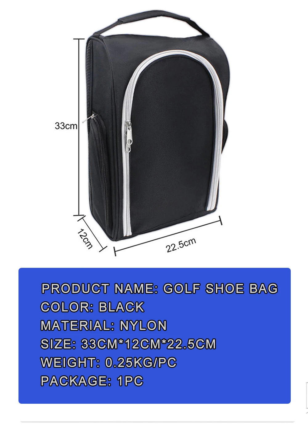 Golf Shoe Bag Portable Zippered Sports Shoe Carrier Bags with Ventilation Outside Pocket for Men Women Lightweight Accessories
