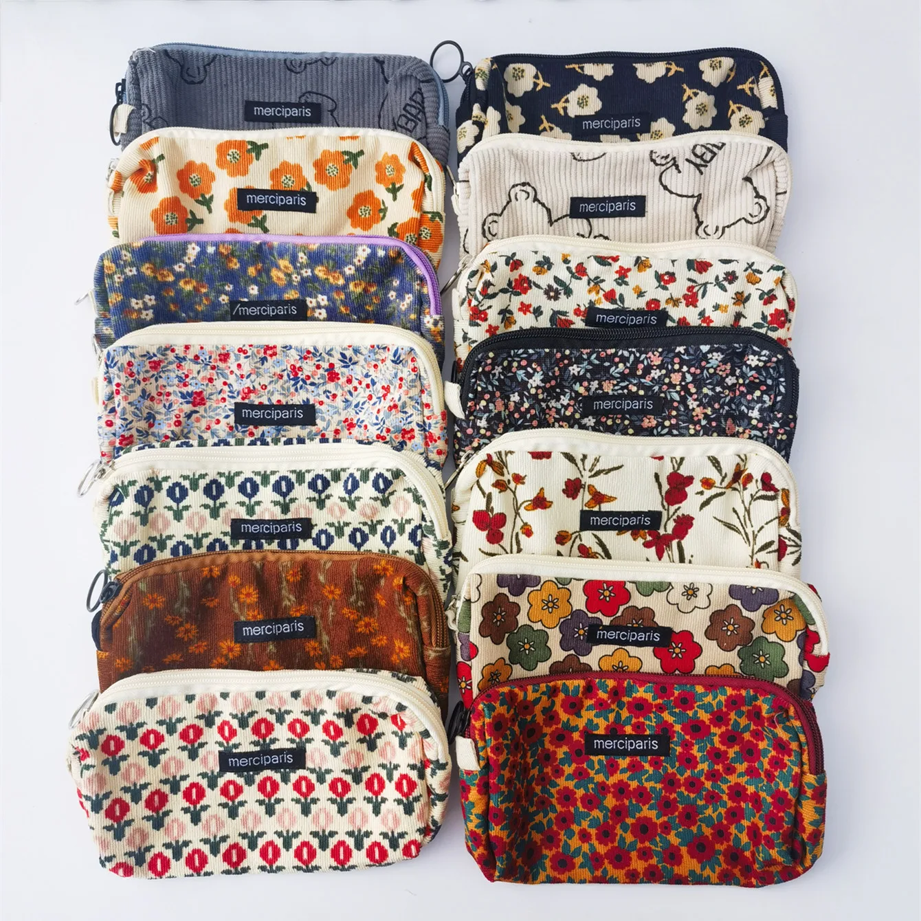 Cute Floral Corduroy Pencil Case Small Cosmetic Lipstick Travel Portable Storage Bag Stationery Pen Makeup Bag Handbag Organizer