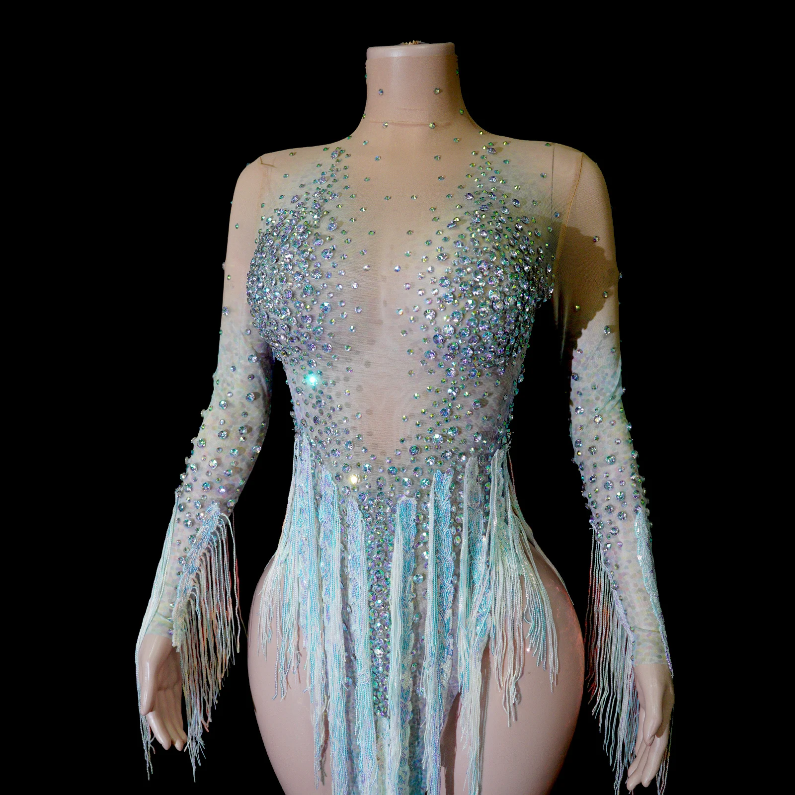 Elegant Ladies Long Sleeve Latin Dance Singer Costume Colorful Tassel Dress Birthday Party Nightclub Bar Drag Queen Costume