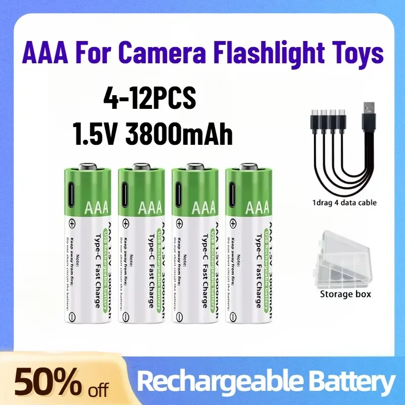 4PCS-12PCS 1.5V 3800mAh AAA Rechargeable Li-ion Batteries Battery with USB-C Fast Charging for Camera Flashlight Toys