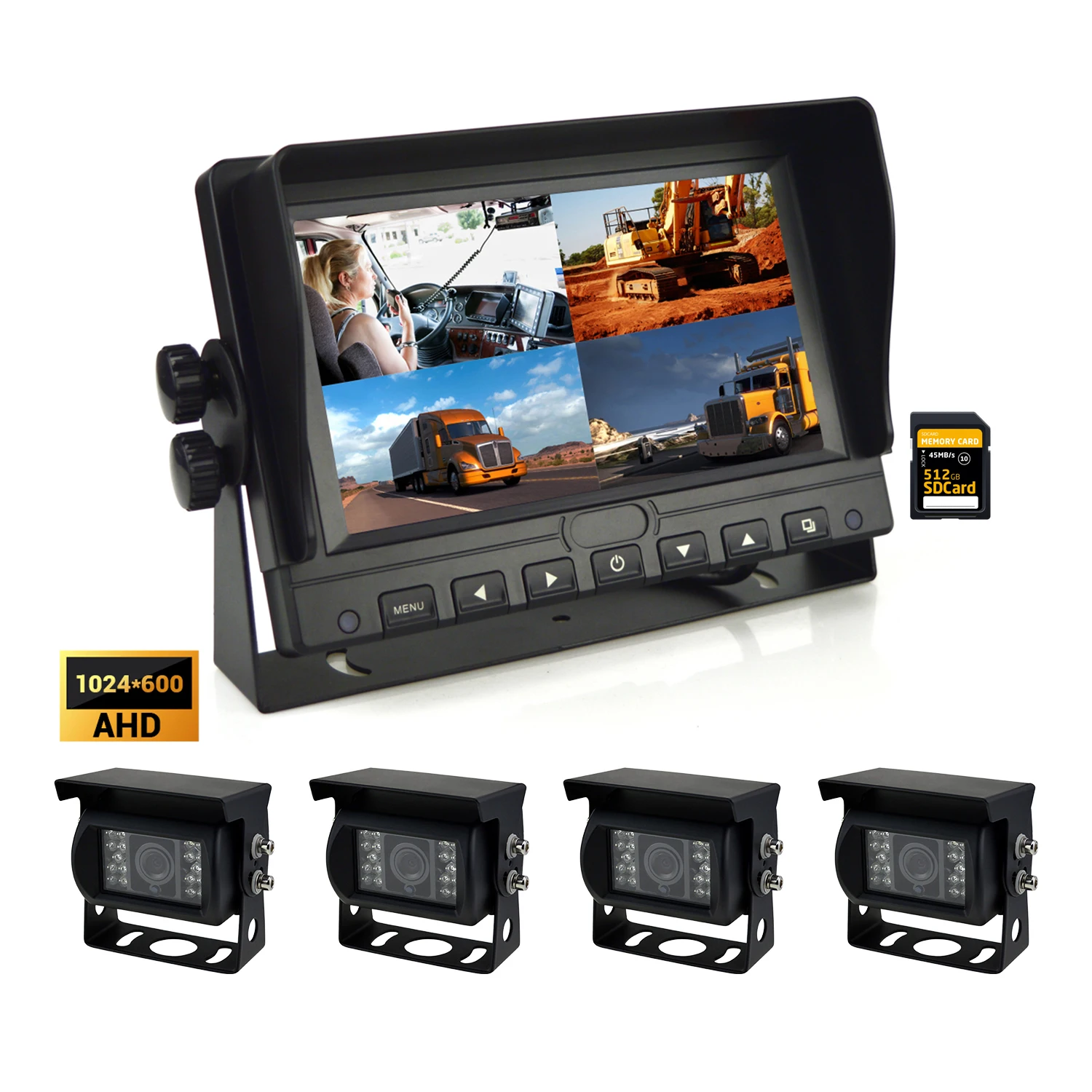 7-inch Truck/car Four-way Split IPS 360 Camera DVR Display Camera System 1080P/720P NTSC/PAL Adjustable IPS Display
